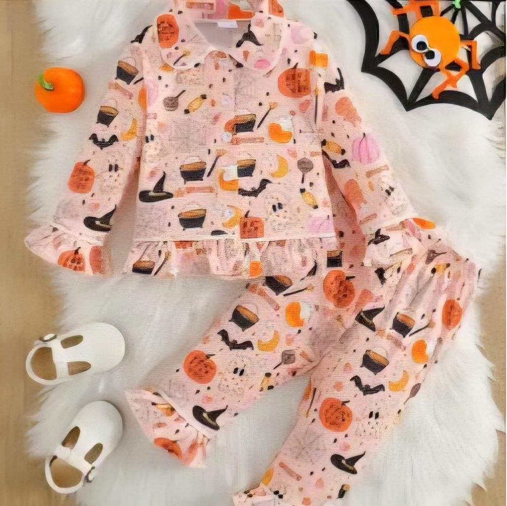 Halloween Themed Girls Pink Ruffled Pajamas